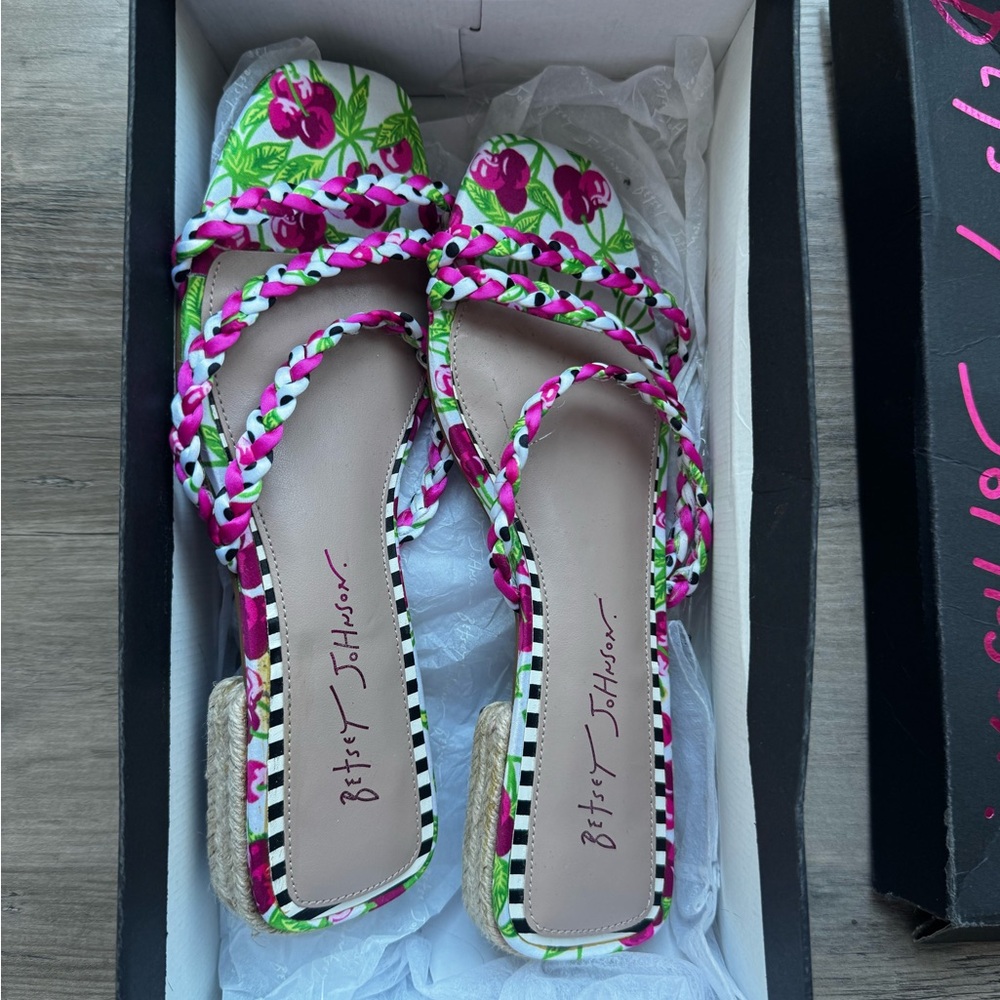 Betsey Johnson Pink and Green Sandals with Floral Embellishments